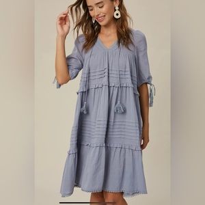 Textured Cotton Pintuck Ruffle Midi Dress w/ Pockets | Misty Blue | Size Small